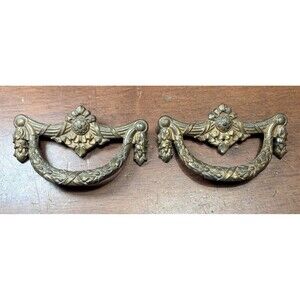 2 Vintage Ornate metal Drawer Pulls 3 1/2" x 2 1/4" -single screw mount